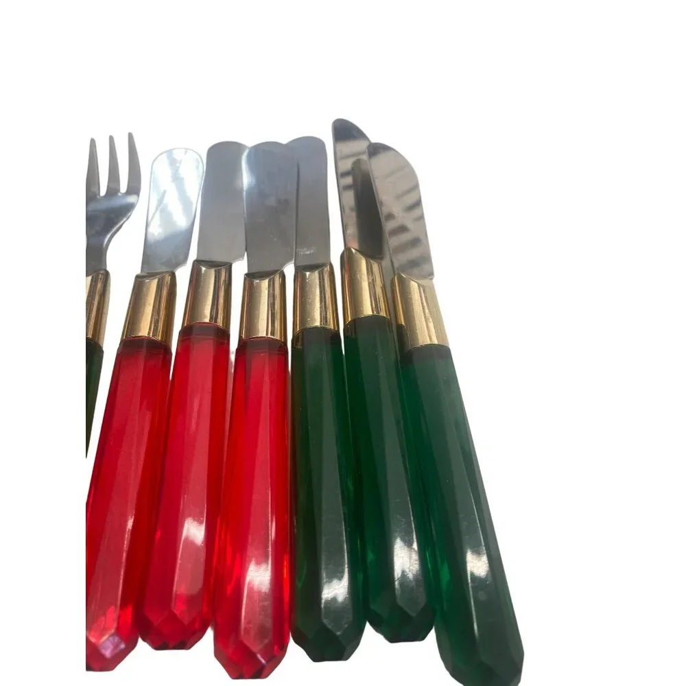 Vintage Red & Green Lucite Handle Appetizer Fork & Knife Set 6 Each